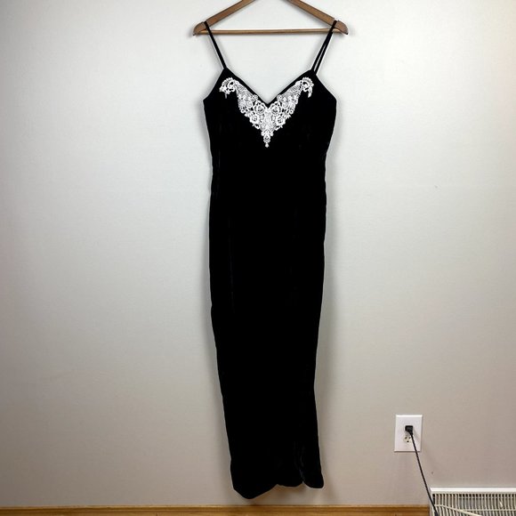 Roberta Evening Gown 13/14 Black Velvet Lace Sheath V-Neck Long‎ Slit Vintage - Picture 11 of 11